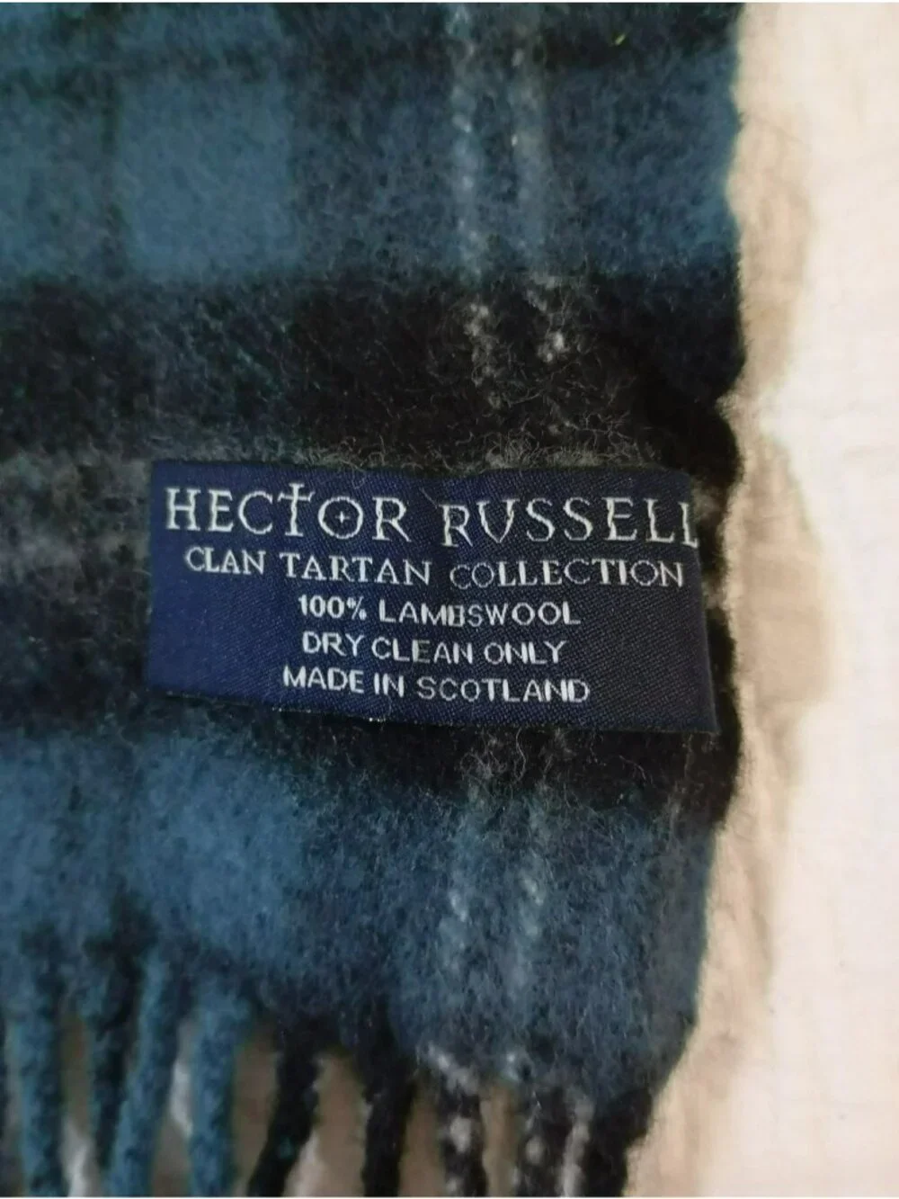 Hector Russell Clan Tartan Scarf 100% Lambswool Black & Blue Plaid  Fringe Ends